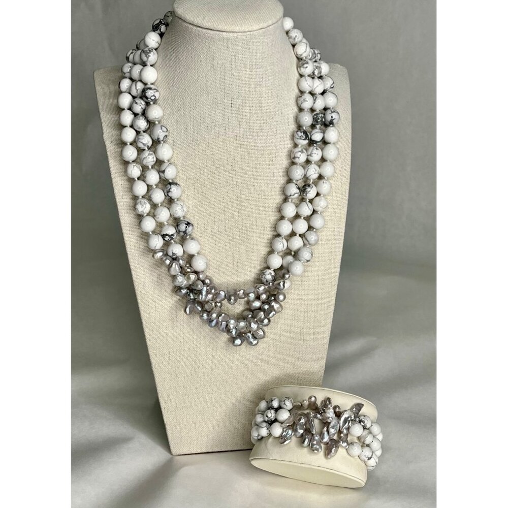 White Howlite & Silver Tone Baroque Pearl Necklace & Bracelet Set